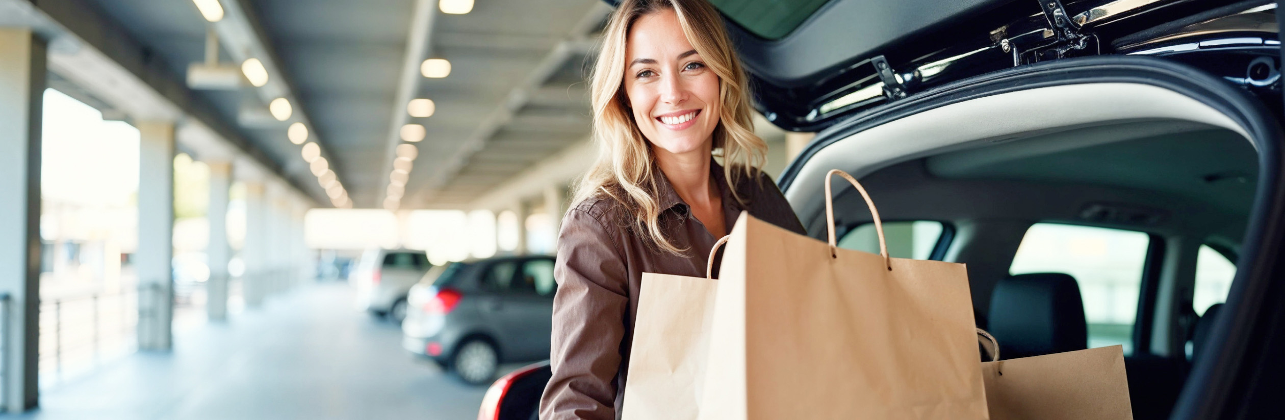Junge, blonde Frau, die Einkäufe in den Kofferraum ihres Autos packt. Das Auto parkt in einem Parkhaus.